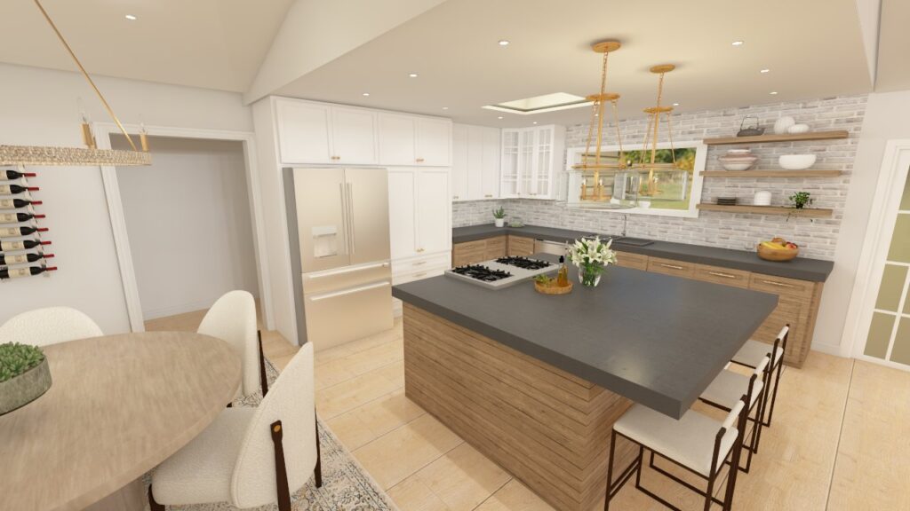 3D Renderings Chrysalis Interiors white and wood kitchen
