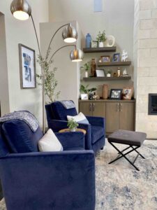 Modern hill country living room blue chairs
