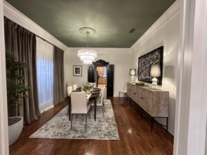 Contemporary Dining Room with a green ceiling